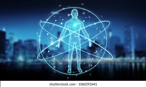 Digital x-ray human body scan interface on blue background 3D rendering