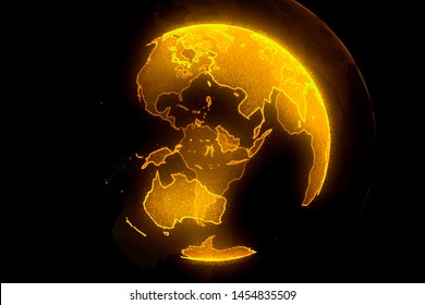 Digital Yellow Planet Of Earth. Globe With Shining Continents. 3D Illustration With Digital Earth And Particles.