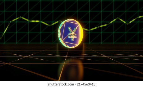 Digital Yen Coin Floating On Digital Surface, Growth Chart In Background. Neon Design. 3D Render.