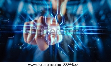 Digitalization Concept: Human Finger Pushes Touch Screen Button and Activates Futuristic Artificial Intelligence Interface. Visualization of Machine Learning, Computer Technology Merge with Humanity.