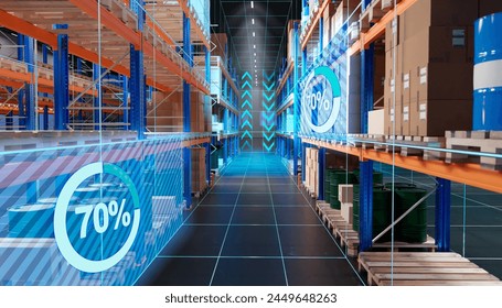 Digitalization of warehouse. Technological distribution center. Filling numbers near warehouse shelves. Warehouse concept with machine vision. Automation of storage fullness determination. 3d image