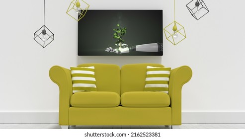 Digitally Animated Couch In Living Room Against Television Canvas Showing Robotic Arm Image