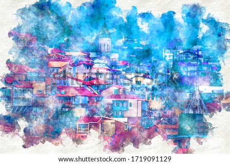 A digitally constructed painting Georgia Tbilisi. View of Old Tbilis