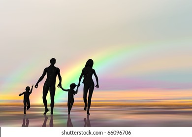 digitally created background with room for text showing a young happy family taking a stroll at the beach