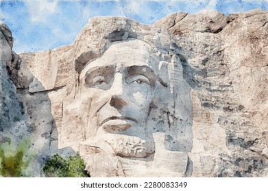 Digitally created watercolor painting of Abraham Lincoln portrait on Mount Rushmore - Powered by Shutterstock