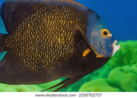 Digitally created watercolor painting of an adult French Angelfish Pomacanthus paru in a blue ocean