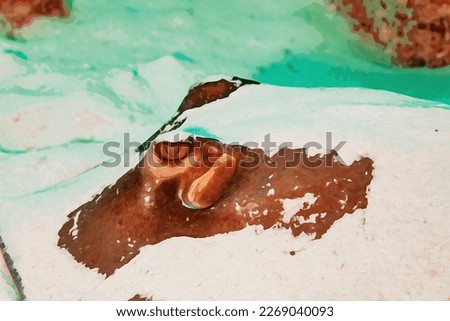 Digitally created watercolor painting of a common stingray camouflaged in white sand 