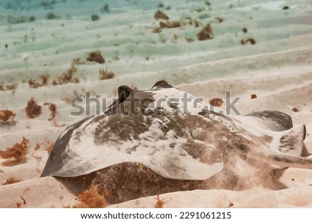 Digitally created watercolor painting of a common stingray flying across the sandy ocean floor