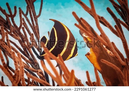Digitally created watercolor painting of Juvenile French Angelfish Pomacanthus paru swimming over the coral reef