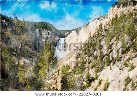 Digitally created watercolor painting of a panoramic of Lower Falls in the Grand Canyon of Yellowstone