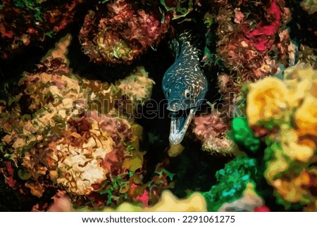 Digitally created watercolor painting of a Spotted Moray Eel hiding on a coral reef