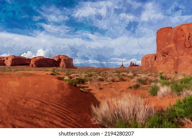 Digitally Created Watercolor Painting Of A Tranquil Southwest Scene With Totem Pole In The Distance In Monument Valley.