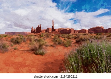 Digitally Created Watercolor Painting Of A Tranquil Southwest Scene With Large Stone Formations In Monument Valley