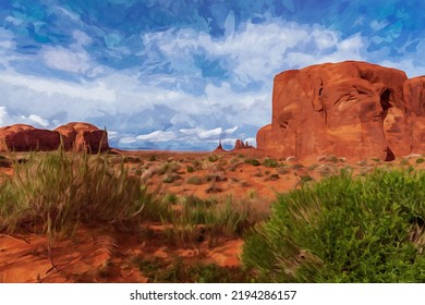 Digitally Created Watercolor Painting Of A Tranquil Southwest Scene With Totem Pole In The Distance In Monument Valley.