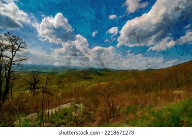 Digitally Created Watercolor Painting Of View Of Mountain Top Vista In Shenandoah National Park On Skyline Drive