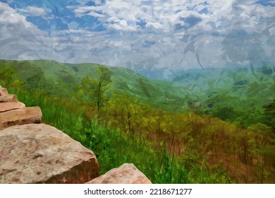 Digitally Created Watercolor Painting Of View Of Mountain Top Vista In Shenandoah National Park On Skyline Drive