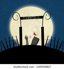 Digitally Drawn Cartoon Cemetery On A Dark Hill In Front Of A Glowing Full Moon. A Zombie Hand Is Reaching Up From The Grave While A Whimsical Little Red Devil Tries To Push It Down With A Pitchfork.