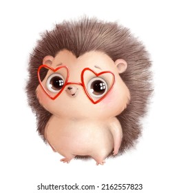 Digitally Drawn Illustration Of A Cute Cartoon Valentines Day Hedgehog Wearing Heart Glasses. Cute Valentine Animals.