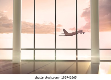 Digitally generated airplane flying window at sunrise