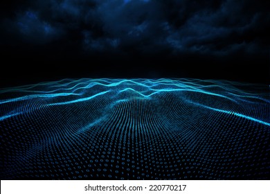 Digitally generated binary code landscape on black background Stock Illustration