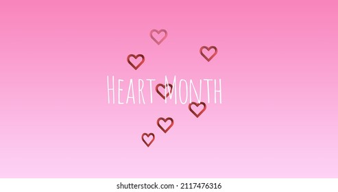 Digitally Generated Heart Month Text Over Pink Background With Heart Shapes And Copy Space. National Heart Month, Awareness, Healthcare, World Heart Federation, Communication, Flyer And Alertness.