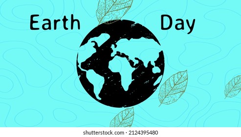 Digitally generated image of black planet earth amidst leaves and text against blue background. earth day, environment and creative concept.