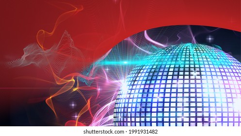 Digitally generated image of digital waves and disco ball against red technology background. technology background with texture and design