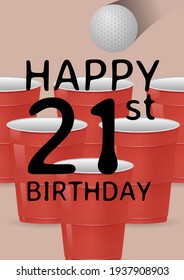 Digitally Generated Image Of Happy 21st Birthday Text Against Beer Glasses In Background. Birthday Card Template Design Concept