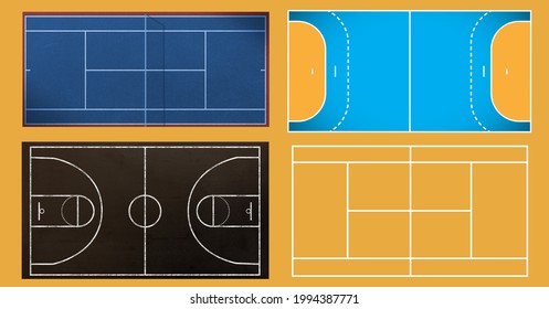 Digitally Generated Image Of Multiple Sports Field Layouts Against Orange Background. Sports Competition And Tournament Concept