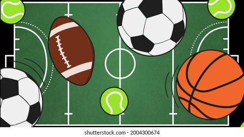 Digitally Generated Image Of Multiple Sports Balls Icons Against Sports Field Layout In Background. Sports Tournament And Competition Concept