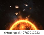 Digitally generated image of planets over sun in univese