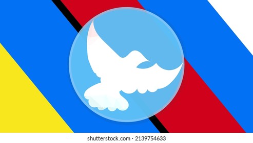 Digitally Generated Image Of White Dove Peace Symbol Over Russian And Ukrainian Flag. Digital Composite, Peace And War Concept.