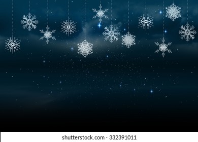 Flocos de neve gerados digitalmente pendurados contra fundo azul Ilustração Stock
