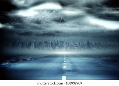 Digitally Generated Stormy Sky With Tornado Over Road