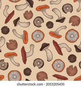 Digitally hand painted seamless pattern with autumn illustrations. Graphic elements: edible mushrooms and mushrooms' cups. Autumn nature attributes.
