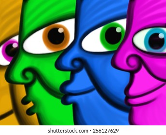A digitally painted close up view of a group of faces in bold colors with big eyes.