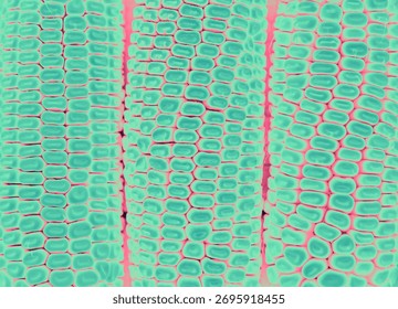 Digitally recolored macro of corn kernels in green turquoise shades with red lines. Bright organic texture ideal for eco design, biotech, or modern backgrounds 