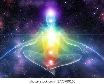 Digitally rendered 3d illustration of human maneken in yoga position with glowing chakras background.