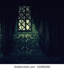 Digitally rendered image of old haunted house interior with red curtains.