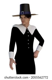 Digitally Rendered Man Wear Old Pilgrim Costume, 3D Illustration.