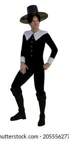 Digitally Rendered Man Wear Old Pilgrim Costume, 3D Illustration.