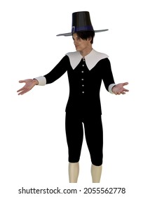 Digitally Rendered Man Wear Old Pilgrim Costume, 3D Illustration.