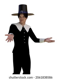 Digitally Rendered Man Wear Old Pilgrim Costume, 3D Illustration.