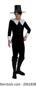 Digitally Rendered Man Wear Old Pilgrim Costume, 3D Illustration.