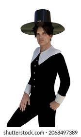 Digitally Rendered Man Wear Old Pilgrim Costume, 3D Illustration.