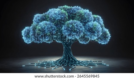 A digitally rendered tree glows with blue and green light, its branches and roots resembling intricate networks of cables or fiber optics.  The tree stands