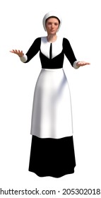 Digitally Rendered Woman Wear Old Pilgrim Costume, 3D Illustration.