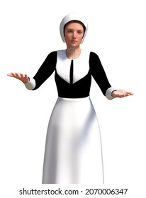 Digitally Rendered Woman Wear Old Pilgrim Costume, 3D Illustration.