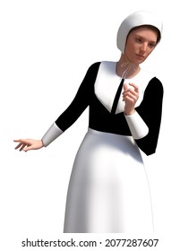 Digitally Rendered Woman Wear Old Pilgrim Costume, 3D Illustration.