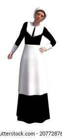 Digitally Rendered Woman Wear Old Pilgrim Costume, 3D Illustration.